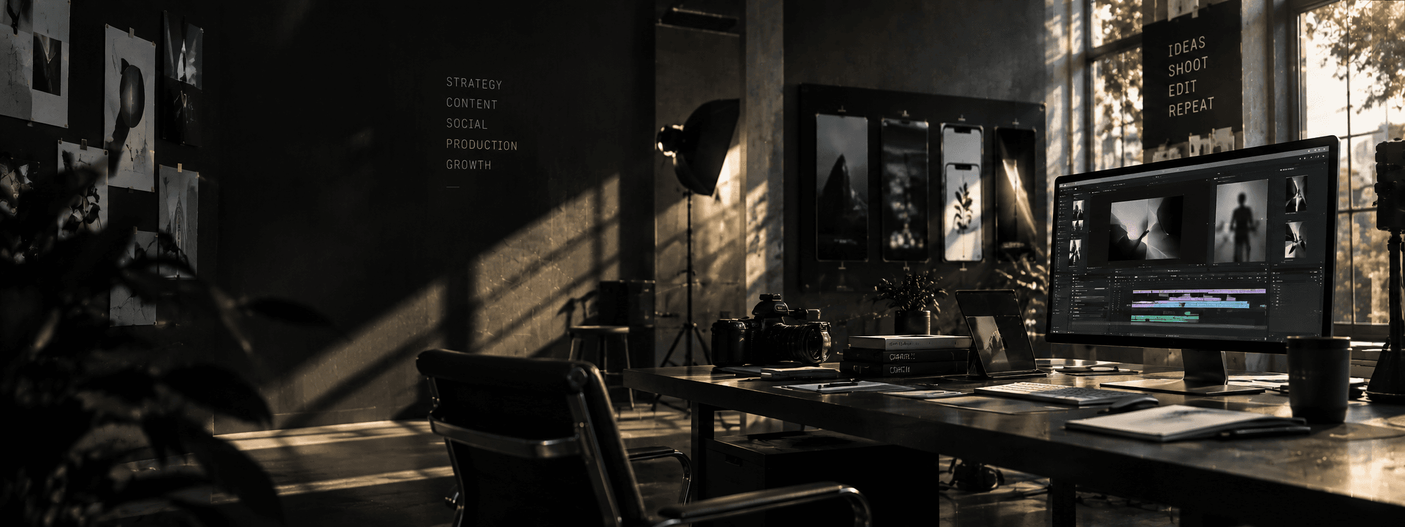 Full-size dark luxury architectural studio space with cinema camera rig and ambient atmospheric lighting