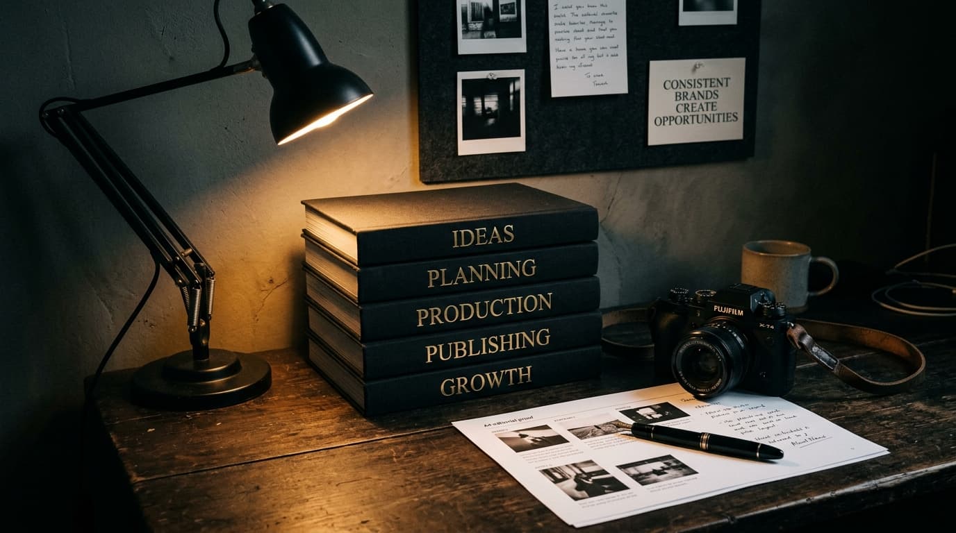 Creative studio desk with task lamp, book stack IDEAS PLANNING PRODUCTION PUBLISHING GROWTH, camera and moodboard