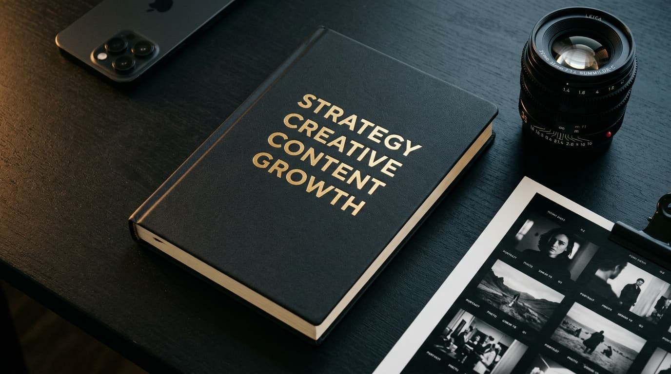 Strategy, Creative, Content, Growth notebook and cinema prime lens flat lay